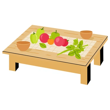 A rustic wooden farm table with a textured surface. On the table, there are an assortment of fresh vegetables including red tomatoes, green bell peppers, and orange carrots, all arranged neatly. There is a bunch of fragrant green herbs, such as basil and parsley, positioned beside the vegetables. The setting is complemented by a few wooden bowls and a checkered tablecloth underneath. The overall composition conveys a bountiful harvest, ready for a meal.