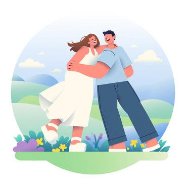 A couple is playfully posing for an engagement photo in a scenic location. The woman has long brown hair, wearing a flowing white dress that dances with the breeze. The man, with short black hair, is dressed in a light blue shirt and dark jeans. They are standing on a grassy hillside, surrounded by vibrant wildflowers in shades of purple and yellow. In the background, rolling hills stretch under a clear blue sky, while a few fluffy white clouds drift lazily. The couple is laughing, with their arms around each other, and the woman is playfully leaning back as if pretending to fall, creating a sense of joy and spontaneity.