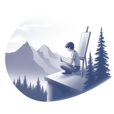 An artist is seated on the edge of a cliff, focused on sketching the landscape before them. The scene features a range of mountains with jagged peaks in the background, partially obscured by wispy clouds. In the foreground, dense forests are visible, with tall trees creating a rich texture. The artist's canvas is propped up on an easel, and they are using a pencil to capture the details of the scenery. The artist's expression is one of concentration as they carefully depict the elements of nature before them.