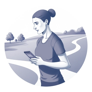 A runner in motion is looking at their smartphone, which is held in their left hand. The runner has a determined expression, showcasing pride and accomplishment. They are wearing a fitted athletic outfit, and there are sweat droplets on their forehead, indicating a recent workout. The background shows a sprawling park landscape, with a winding path and scattered trees. On the screen of the phone, the words "Strava Challenge Completed" are visible in bold text.