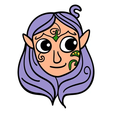 A close-up of a fantasy character with big eyes and an ethereal expression. The character has long, flowing hair that shimmers with different colors. Their skin has intricate, glowing tattoos that swirl around their cheeks and forehead. The character's features are sharp and otherworldly, with high cheekbones and slightly pointed ears. They are looking directly at the viewer, conveying a sense of mystery and allure.