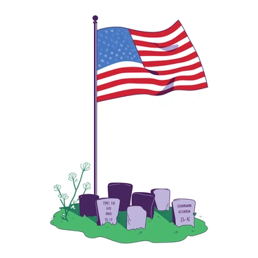 An American flag with vibrant red and white stripes is gently waving in the breeze above a memorial site. The flag is mounted on a tall, sturdy pole, and the sun casts soft shadows across the surrounding area. Below the flag, there are several polished stone memorial markers arranged in neat rows, each inscribed with names and dates. The ground is covered with green grass, and there are a few small white flowers blooming nearby, adding to the serene atmosphere of the memorial site.
