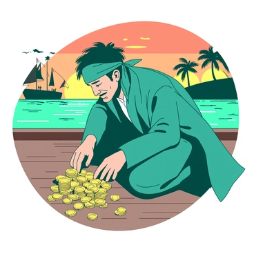 A teal pirate thief with a bandana and a rugged coat is crouched on the wooden deck of a ship. The pirate is counting a pile of shiny, golden coins spread out before him. The backdrop features a vibrant sunset with shades of orange and yellow, reflecting off the calm waves of the ocean. In the distance, silhouettes of palm trees outline the tropical setting, while the ship's sails are gently billowing in the warm breeze. The pirate's expression shows focus and excitement as he meticulously examines each coin.