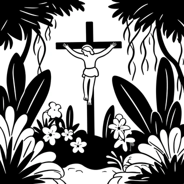 A depiction of "Jesus on the cross" surrounded by a lush tropical jungle. The cross stands tall amidst thick greenery, with vines hanging down and large palm leaves nearby. Exotic flowers bloom around the base of the cross, adding to the dense foliage. Sunlight filters through the canopy, creating a contrast between light and shadow in the scene. The ground is covered with rich, dark soil and patches of grass, while the sounds of nature can be imagined in the background.