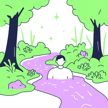 A person is bathing in a stream that flows gently through a forest. The individual is partially submerged in the water, with droplets glistening as they fall from their skin. Around them, lush greenery envelops the scene, including tall trees with thick trunks and vibrant foliage. Ferns and small plants grow along the banks of the stream, creating a natural frame. Light filters through the leaves above, casting dappled patterns on the water's surface.