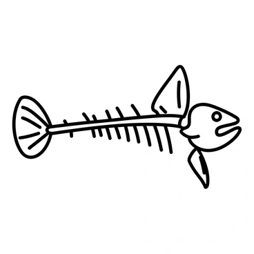 A coelacanth skeleton displayed prominently, highlighting the unique shape of its body and limb structure. The bones are intricately detailed, showcasing the distinct, robust coelacanth vertebrae and the arranged fin rays extending from the body. The skull is visible, revealing the complex jaw structure with well-defined teeth. The overall image has a white background that enhances the clarity of the skeletal features, allowing for a strong visual impact.