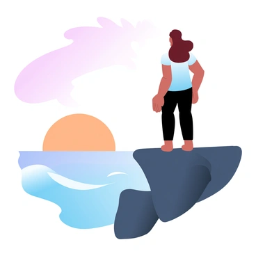 A silhouette of a person is standing on the edge of a cliff, facing the horizon. The sky is filled with gradient pastel colors of pink, orange, and purple, indicating sunset. The person has their arms relaxed at their sides, and their hair is gently swaying in the breeze. Below the cliff, the ocean waves can be seen crashing against the rocks. The sun is partially hidden just above the horizon, casting a warm glow over the scene.