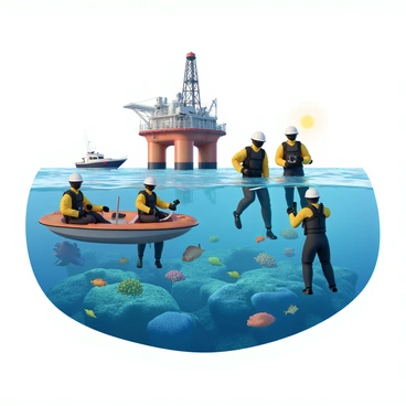 A group of ocean conservation workers in wet suits is actively engaged in efforts to promote marine health near an oil rig. They are conducting a survey of the area, using underwater cameras and measuring equipment. One worker is collecting samples of water while another is documenting the marine life around the rig, which includes colorful fish and vibrant corals. The oil rig looms in the background, with its industrial structure contrasting against the clear blue water. A small boat is anchored nearby, equipped with conservation tools and supplies. The sun is shining brightly, creating reflections on the water's surface.