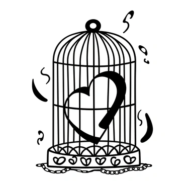 A detailed illustration of "a heart" encased within "an ornate cage," with intricate metalwork forming the bars and base of the cage. The heart appears to be pulsating with a sense of life, while shadows are cast on the cage from the heart's shape. The cage is positioned on a surface with a few scattered, delicate chains around it, reinforcing the theme of confinement. In the background, a series of blurred, abstract shapes suggest a contrasting sense of freedom.