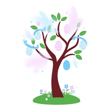 A small tree with a slender trunk is adorned with colorful Easter eggs hanging from its branches. The eggs are decorated with various patterns, including polka dots, stripes, and floral designs. Delicate ribbons in pastel colors are tied to the branches, flowing gently in the breeze. The tree is placed on a grassy patch, surrounded by small flowers blooming in bright colors. In the background, a soft gradient of pastel colors creates a harmonious atmosphere.