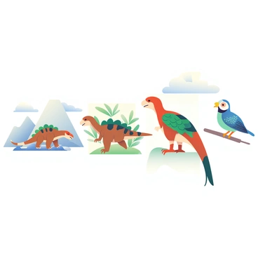 A series of three illustrations depict the transformation of a dinosaur into a modern bird. The first illustration shows a small, feathered dinosaur with a long tail, standing on a rocky terrain. Its feathers are a mix of brown and green, blending into the environment. The second illustration features the dinosaur mid-transformation, with more pronounced feathers covering its body, and its wings beginning to develop. The background is filled with lush vegetation, indicating a transition to a more bird-like stance. The final illustration showcases a fully formed modern bird, perched on a branch. The bird has vibrant plumage in shades of blue and green, with a delicate beak, and the background is a soft sky with a few wispy clouds.