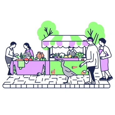 A whimsical scene with a curlew browsing stalls at a local market