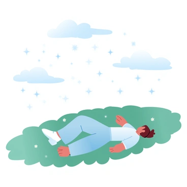 A figure is lying on a grassy hill, dressed in a comfortable outfit, with arms stretched out on either side. The grass is lush and green, dotted with small wildflowers. The sky above is filled with numerous stars twinkling brightly, creating a stunning view. A few wispy clouds are scattered across the night sky, partially obscuring some stars. The hill gently slopes down in the background, leading to a serene landscape, while the vastness of the sky creates a peaceful atmosphere.