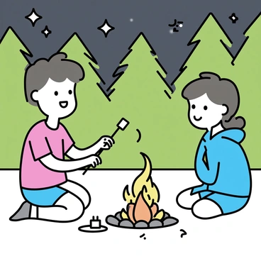 Two kids are sitting on a grassy lawn in a backyard, surrounded by tall trees. One child, wearing a red t-shirt, is holding a stick with a marshmallow at the end, holding it over a small campfire. The flames are flickering, casting a warm glow on their faces. The other child, dressed in a blue hoodie, is watching intently, eagerly waiting for their turn. A circular arrangement of stones forms the fire's boundary. Several toasted marshmallows are visible nearby on a plate. The evening sky above is darkening, with twinkling stars beginning to appear.