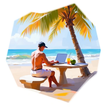 An auditor with light skin is sitting at a beachside table working casually on a laptop. The scene is set under a tall, leafy palm tree, providing a bit of shade from the sun. The table is made of weathered wood, and there is a refreshing drink, possibly a coconut or a smoothie, placed next to the laptop. In the background, the beach stretches out, with soft waves lapping at the shore and a clear blue sky above. The auditor is dressed in casual beach attire, looking comfortable and focused on their work.