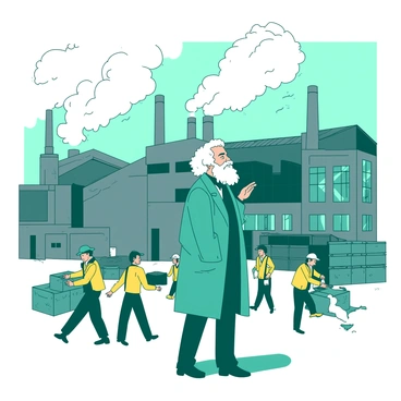 A teal Karl Marx is standing in front of a large industrial factory, looking thoughtfully at the scene before him. The factory is made of gray metal and has tall smokestacks emitting puffs of smoke into the air. In the foreground, workers in yellow uniforms are bustling about, engaged in various tasks; some are operating machinery, while others carry heavy crates. The expressions on the workers' faces range from focused determination to exhaustion. In the background, the factory's giant windows reflect the hustle and bustle outside, enhancing the sense of activity. The sky is a muted shade, providing a stark contrast to the vibrant scene of labor and industry.