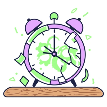 A vintage clock is prominently displayed on a wooden table. The clock's face is cracked, revealing shattered glass pieces scattered around it. Behind the glass, intricate exposed gears are visible, showcasing their detailed design. The clock's hands are frozen at an exact hour, indicating a specific time. The wooden table has a rich texture, adding depth to the scene. A few small remnants of the shattered glass are glinting in the light, enhancing the visual impact of the clock's damaged state.