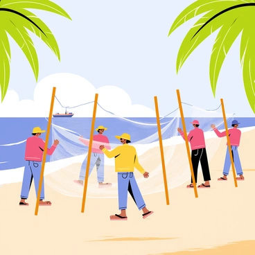 A group of fishermen in traditional attire, wearing colorful hats and shirts, are setting up large Chinese fishing nets along the sandy shoreline of the Kerala coast. The fishing nets are made of wooden poles and white mesh, being carefully positioned between tall bamboo supports. Waves gently lap at the shore, and a few fishing boats can be seen bobbing in the background. Palm trees sway in the breeze, framing the scene against a bright blue sky. The vibrant colors of the fishermen's clothing contrast with the natural tones of the coast.