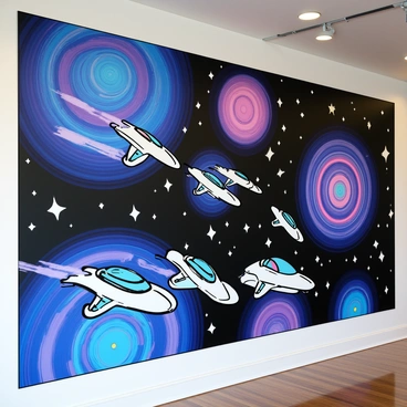 A large mural depicting a journey through space. In the foreground, several futuristic spacecraft of various shapes are flying in formation. Each spacecraft has smooth, sleek designs with glowing accents. In the background, vibrant distant galaxies are visible, showcasing swirling colors of blue, purple, and pink. Stars of different sizes are scattered across the dark expanse, creating a sense of vastness. The scene captures dynamic movement as the spacecraft navigate through the cosmic landscape.