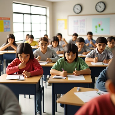 A classroom filled with students sitting at individual desks, all focused on their final exams. The students exhibit a range of expressions, from concentration to anxiety. Some students have their brows furrowed while others bite their lips in nervousness. Pencils are busy moving across sheets of paper, and a few students glance up at the clock on the wall, showing the time ticking down. The room is well-lit, with sunlight streaming through the windows, while posters related to various subjects hang on the walls. The tension in the air is palpable as everyone is absorbed in their work.
