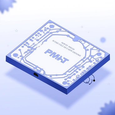A detailed close-up of a PMAT microchip is shown prominently in the center of the image. The microchip features intricate circuit patterns that are meticulously designed, with various lines and nodes connecting different components. The surface of the microchip is smooth and has a glossy texture, highlighting the complexity of the circuitry. Small metallic connectors are visible along the edges of the chip, and tiny text is etched onto the surface, indicating model numbers and specifications. The background is softly blurred to emphasize the microchip as the focal point of the image.