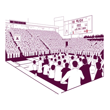 A white basketball arena is filled to capacity with excited fans. In the stands, groups of fans are standing up and raising their arms in unison, creating a visually dynamic wave effect. The crowd is a mix of different t-shirts in various colors, with some fans holding up colorful banners and signs. The basketball court is visible below, showcasing a shiny hardwood surface and the three-point line painted in white. Above the arena, large screens display the game score and highlight reels, adding to the lively atmosphere. The energy is palpable as the wave moves through the crowd.