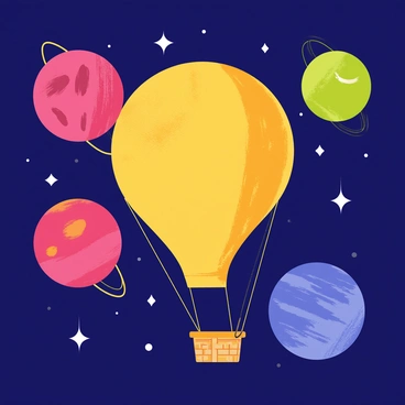 A colorful hot air balloon with a bright patterned fabric floats gently against a deep blue starry sky. The balloon is tethered to a woven basket that appears small in comparison to the vastness around it. Surrounding the balloon are various planets, each displaying distinct colors and textures, such as a red rocky planet, a green gas giant, and a shimmering blue ocean world. The stars twinkle brightly in the background, adding to the enchanting atmosphere of this dreamy space scene.