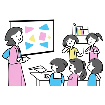 A woman, depicted as "Kartini," is standing in front of a small classroom. She is wearing a traditional outfit, smiling as she teaches a group of young girls. The classroom is filled with "colorful art supplies" like crayons, markers, and paper scattered across the tables. There are "books" neatly arranged on shelves, with some open on the desks. The walls are adorned with "brightly colored artwork" created by the students, showcasing their creativity. The young girls are attentively listening, some with their hands raised, eager to participate.