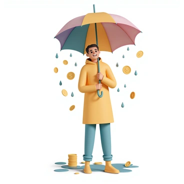 A large, colorful umbrella held by a person standing in the rain. The person is wearing a waterproof yellow raincoat, with a hood pulled over their head. They have a cheerful expression as they look up at the umbrella. Raindrops are falling around them, but instead of water, the drops are shiny cashback coins, glimmering as they catch the light. The ground is covered with a mix of puddles and scattered coins, creating a vibrant scene.