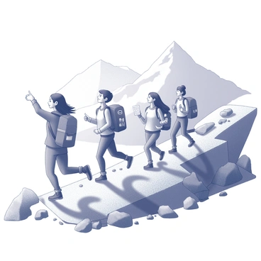 A diverse group of friends hiking up a mountain trail. They are depicted in dynamic poses, showcasing excitement and determination as they ascend. Each friend has distinct characteristics; one has a backpack decorated with patches, another carries a water bottle, while a third holds a map, pointing ahead. The trail is lined with rocks and sparse vegetation. In the background, the mountain rises steeply, crowned with rugged peaks. The sky above is clear, suggesting a bright day, encouraging their adventure towards the summit.