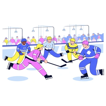 A scene depicting an ice hockey match in action. Five players in colorful jerseys are on the ice, engaged in a fierce battle for the black puck. One player is crouched low, reaching out with a hockey stick to gain control of the puck. Another player, positioned nearby, is ready to intercept with a focused expression. The players are surrounded by a blurred crowd in the stands, emphasizing the intensity of the match. The rink has clear markings and bright overhead lights illuminating the scene.