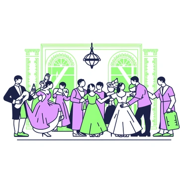 A grand hall is filled with courtiers dancing elegantly. The room features ornate decorations on the walls, with detailed patterns and intricate designs. Chandelier hangs from the ceiling, casting soft light over the scene. In the center, couples are dressed in lavish garments; men in deep-colored suits and women in flowing gowns with detailed embellishments. Some courtiers are engaged in conversation while others are twirling gracefully in pairs. A musician with a lute can be seen in the corner, providing a melodic backdrop to the lively atmosphere.