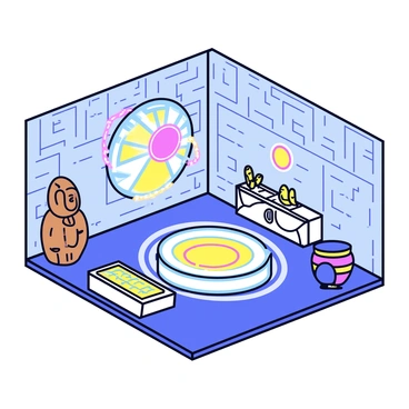A room filled with ancient artifacts such as a weathered stone statue and intricately designed pottery. In one corner, there is a sleek futuristic tech device with glowing panels and wires. A swirling portal radiates light and energy, positioned prominently in the center of the room, its edges shimmering with vibrant colors. The walls are adorned with hieroglyphics and a modern digital display, blending the old and new seamlessly.