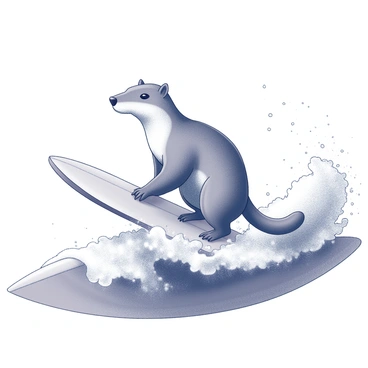A loutre is positioned atop a small surfboard, skillfully balancing as it rides a wave in the ocean. The wave is dynamic and curling, capturing the movement of water splashing around the surfboard. The loutre's fur is detailed, with water droplets glistening on its surface. The ocean extends in the background, with additional waves visible, creating a sense of motion and energy in the scene.