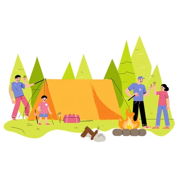 A family of four is setting up a bright orange tent in a lush green forest campsite. The tent is positioned on a patch of grass surrounded by tall trees with vibrant green leaves. A campfire, with dancing flames and glowing embers, is situated nearby, encircled by a ring of smooth stones. The father is holding a tent pole, while the mother is adjusting the fabric. Two children are gathering sticks for the fire, looking excited. Scattered camping gear, including a backpack and sleeping bags, is visible around the campsite.