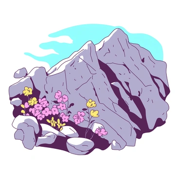 A rocky mountain slope covered in gray stones and boulders leads up towards a rugged peak. Various rare alpine flowers, in shades of pink and yellow, are blooming amidst the rocks, adding vibrant patches of color to the landscape. The flowers are scattered throughout the slope, their delicate petals contrasting against the harsh texture of the rocks. In the background, the sky is clear with a few wispy clouds drifting by, enhancing the beauty of this mountainous scene.