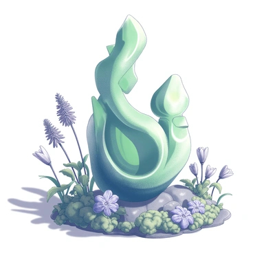 A sculpture made of emerald glass stands prominently in a garden. The sculpture has intricate detailing, showcasing various shapes and forms that catch the sunlight. Surrounding the sculpture are vibrant flowers, their petals open wide, and lush green foliage that complements the artistic piece. Sunlight casts soft shadows on the ground, enhancing the texture of the sculpture and the natural elements around it.