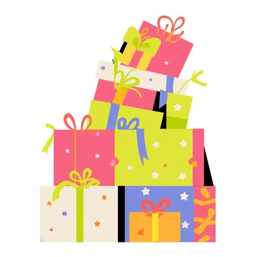 A towering pile of gifts in various shapes and sizes is precariously balanced on top of each other. The gifts feature bright, colorful wrapping paper with patterns of stars and stripes. Some boxes are square, while others are rectangular or cylindrical. Ribbons of red, green, and gold adorn the gifts, tied in large bows. A few gifts are slightly slipping from the top of the pile, creating a sense of movement and imbalance. The scene is vibrant and festive, inviting a sense of excitement and anticipation.