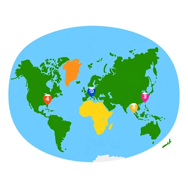 A vibrant world map with various countries outlined clearly. Each country is marked by a colorful billiard ball, showcasing the unique numbers and colors associated with them. The billiard balls are placed strategically to represent the geographical locations of each country on the map. The oceans and seas are depicted in a deep blue, while the landmasses have bright green, yellow, and orange shades. The overall composition is lively and engaging, inviting viewers to explore the different regions represented by the billiard balls.