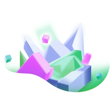 A modern pastel illustration featuring an abstract art installation inspired by the structural properties of PMAT. The installation consists of geometric shapes, including cubes and pyramids in soft pastel colors such as light blue, pink, and green. These shapes are arranged in a dynamic composition that creates depth and movement. Surrounding the installation, there are subtle light beams and shadows that highlight the textures and surfaces of each piece. The background is minimalistic to ensure that the focus remains on the colorful installation.