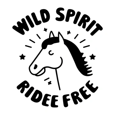 A horse head illustrated in a retro style, centered prominently on the poster. The horse head features stylized lines and patterns that evoke a sense of vintage design. Surrounding the horse head, bold, vintage typography displays the words "Wild Spirit" at the top and "Ride Free" at the bottom. The background includes decorative elements such as stars and swirls to emphasize the nostalgic theme.