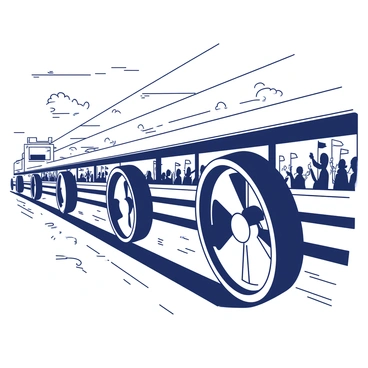 A dynamic scene features a pair of high-speed train wheels, spinning rapidly as they race along the tracks. The wheels are shown in close-up, with a strong emphasis on the motion blur created by their speed. In the background, there are multiple blurred train silhouettes, hinting at a high-speed competition atmosphere. The setting is filled with excitement, with spectators visible in the distance, waving flags and cheering. The sky above is bright, adding to the overall vibrant energy of the scene.