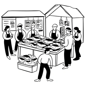 A black-and-white illustration of a bustling fish market display. A large wooden table is filled with a variety of fresh "mahi-mahi" in different sizes, their sleek bodies arranged neatly. Surrounding the table are several fishmongers in aprons, busily attending to the fish and interacting with customers. There are baskets filled with ice nearby, showcasing more fish and other seafood. The background features a variety of market stalls with hanging signs, creating a lively atmosphere.