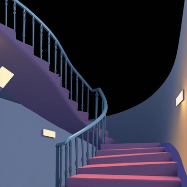 A spiraling staircase with smooth, dark wooden steps winds upwards into the darkness. The railings are intricately designed, featuring elegant patterns that catch glimmers of light. The staircase is illuminated by a series of small, warm lights mounted along the walls, casting soft shadows that enhance the depth and mystery of the scene. Above, the staircase appears to vanish into an expansive black void, creating an illusion of infinity. The walls surrounding the staircase are adorned with muted, dark colors, contributing to the overall ambiance of the space.
