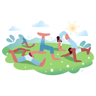 A group of individuals is performing dynamic stretches in a grassy field. They are in various poses, such as lunges and arm swings, showcasing their movements. Each person is wearing sporty attire, including tank tops and leggings, and they are spread out, allowing space between them. The sun is shining brightly, casting soft shadows on the ground. The vibrant green grass is dotted with wildflowers, adding color to the scene. In the background, there are distant trees providing a natural border to the field.