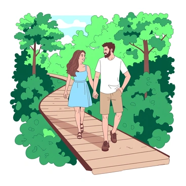 A couple is walking hand in hand on a wooden boardwalk that meanders through a lush green forest. The boardwalk is slightly elevated, surrounded by thick foliage, with vibrant leaves in various shades of green. Sunlight filters through the tree canopy, creating dappled light patterns on the path. The couple consists of a woman with long brown hair wearing a light blue sundress and a man with short black hair dressed in a casual white shirt and khaki shorts. They are smiling at each other, enjoying the peaceful atmosphere of the forest around them.