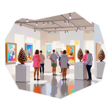 An art gallery exhibit featuring a variety of paintings and sculptures that depict "pine cones." The space is well-lit, with walls adorned with vibrant paintings showcasing different interpretations of "pine cones" in various colors and styles. Displayed on pedestals are intricate sculptures of "pine cones," crafted from materials such as wood, metal, and glass. Visitors can be seen admiring the artwork, engaging in conversation, and examining the details of each piece. The floor is polished, and there are labeled placards next to each artwork providing information about the artists and their creations.
