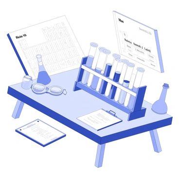 A rack of test tubes is positioned on a wooden lab bench in a science classroom. The test tubes are aligned vertically, each containing different liquids with distinct levels. Some tubes have liquid that is clear, while others contain liquid with varying textures and forms. A pair of protective goggles rests next to the rack, and there is a clipboard with handwritten notes nearby. On the wall in the background, a periodic table is visible, and various science equipment, such as pipettes and beakers, are scattered across the bench.