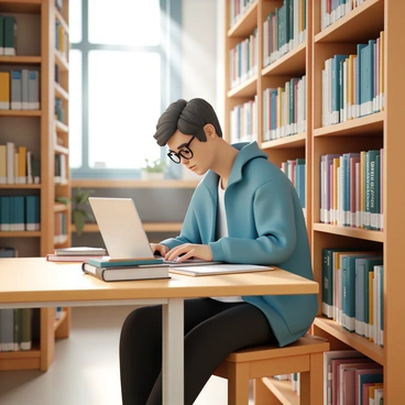 An international student, wearing a blue jacket, black jeans, and glasses, is seated at a wooden study table in a vast university library. The library is filled with tall wooden bookshelves, overflowing with various books in different languages. Sunlight streams through large windows, illuminating the student's focused expression as they type on a silver laptop. Nearby, a stack of books is placed on the table, featuring colorful spines. The ambiance of the library conveys a sense of knowledge and concentration.