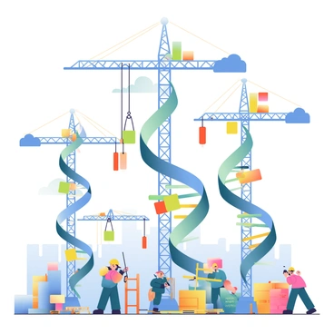 A construction site is bustling with activity. In the foreground, there are several large cranes designed to look like DNA polymerases, each one towering and lifting bright colored nucleotide bricks. The cranes have a sleek design, mimicking the structure of the enzyme, complete with articulated arms that reach out to precisely place the bricks. The nucleotide bricks are in vibrant colors: adenine is green, thymine is yellow, cytosine is blue, and guanine is red. Workers in hard hats are coordinating efforts on the ground, guiding the cranes with walkie-talkies. Construction materials and scaffolding are visible, creating a dynamic and industrious atmosphere. The sky is clear, providing ample sunlight that casts shadows against the site.